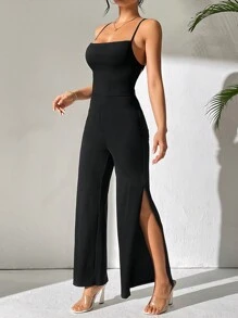 SHEIN PETITE Solid Color Sleeveless Open Back High Slit Wide Leg Jumpsuit - Black - View 4