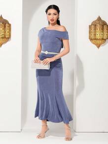 Modelyn Women's Solid Color Asymmetrical Collar Gathered Fish-Tail Dress, Semi Formal Dress Long Evening Dresses - Dusty Blue - View 8