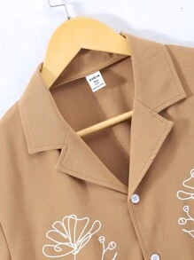 十幾歲男孩的花卉印花短袖立領襯衫 - 棕色 - 查看 4