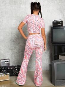 SHEIN Leap Crew Teen Girls' Short Sleeve T-Shirt And Flared Pants Knit Set In Wavy Pattern - Multicolor - View 2