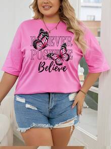 SHEIN EZwear Kích thước lớn Loại bướm Và In thư Ngắn tay Áo thun - Hồng - Xem 6