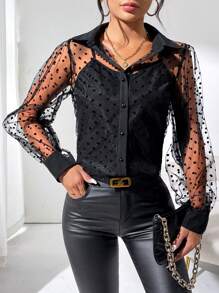 Chiquease Của phụ nữ Chấm bi Lưới Tay áo dài Áo sơ mi - màu đen - Xem 4