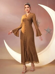 Modelyn Damen Arabisch inspiriertes langes Abendkleid mit Knopfverzierung und weiten Glockenärmeln, Lange Abendkleider - Braun - Übersicht 7