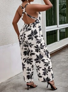 SHEIN Holidaya 加大尺寸隨機印花無袖連體褲 - 杏色 - 查看 2