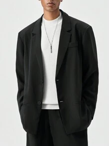 Manfinity Mode Men's Solid Color Band Collar Suit Jacket And Pants Set - Black - View 7