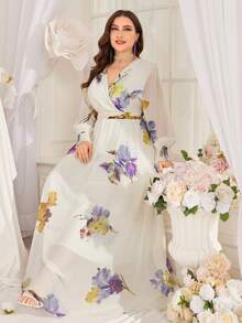 Plus Size Women's Floral Print Shirred Evening Cocktail Dress - White - View 7