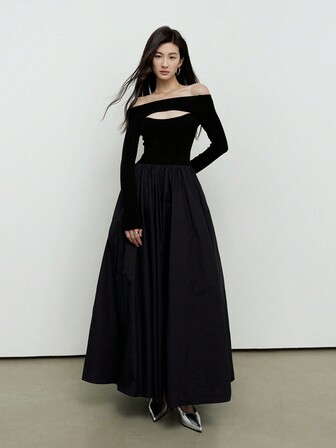 Vestido largo elástico con diseño de corte hueco sin tirantes, de volumen esponjoso