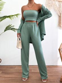 EURMUSE 3pcs/Set Casual Fashionable Textured Shirt & Strapless Top & Pants Set - Green - View 3