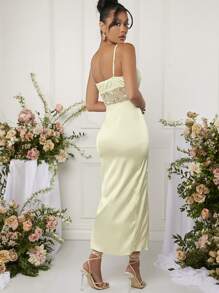L'Amorae Lace Panel Satin Split Thigh Dress - Beige - View 2