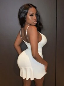 Slaydiva Slim Fit Ruffle Trim V-Neck Spaghetti Strap Dress - White - View 4