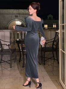 DAZY 女士羽毛拼接露肩长袖修身连衣裙，生日舞会礼服，秋季优雅女装连衣裙 - 灰色 - 查看 5