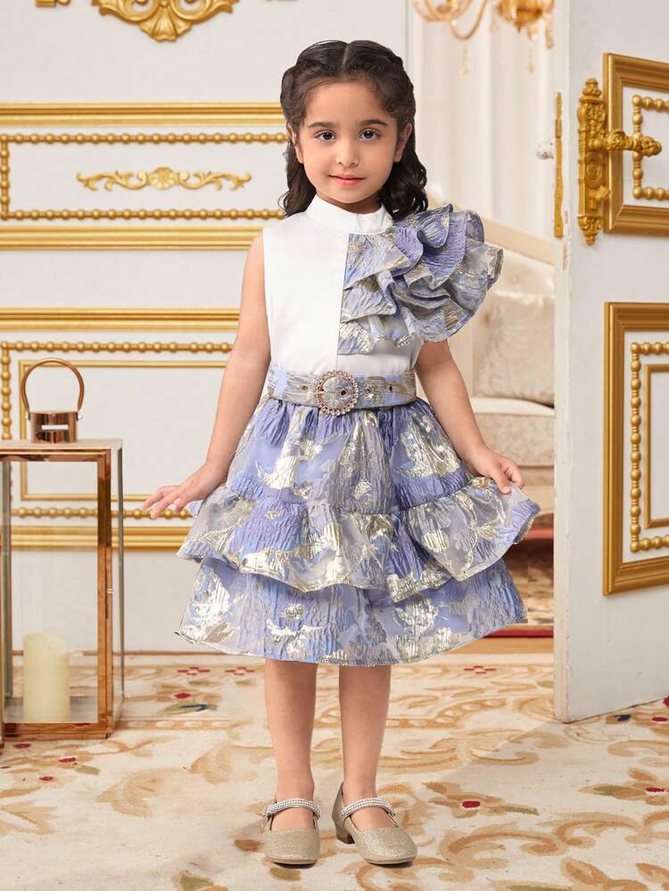 Young Girl Stand Collar Layered Ruffle Sleeveless Blouse Jacquard A-Line Skirt Two Pieces Outfit