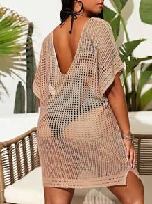 Plus Size Hollow Design Solid Color Batwing Sleeve Cover-Up Dress Swimsuit Cover Up Dress Summer - Khaki - View 2