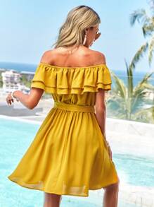 SHEIN VCAY Màu thuần Ngày lễ Off Shoulder Viền Ruffle Váy chữ A Với Trang trí Cạnh - Màu vàng - Xem 2