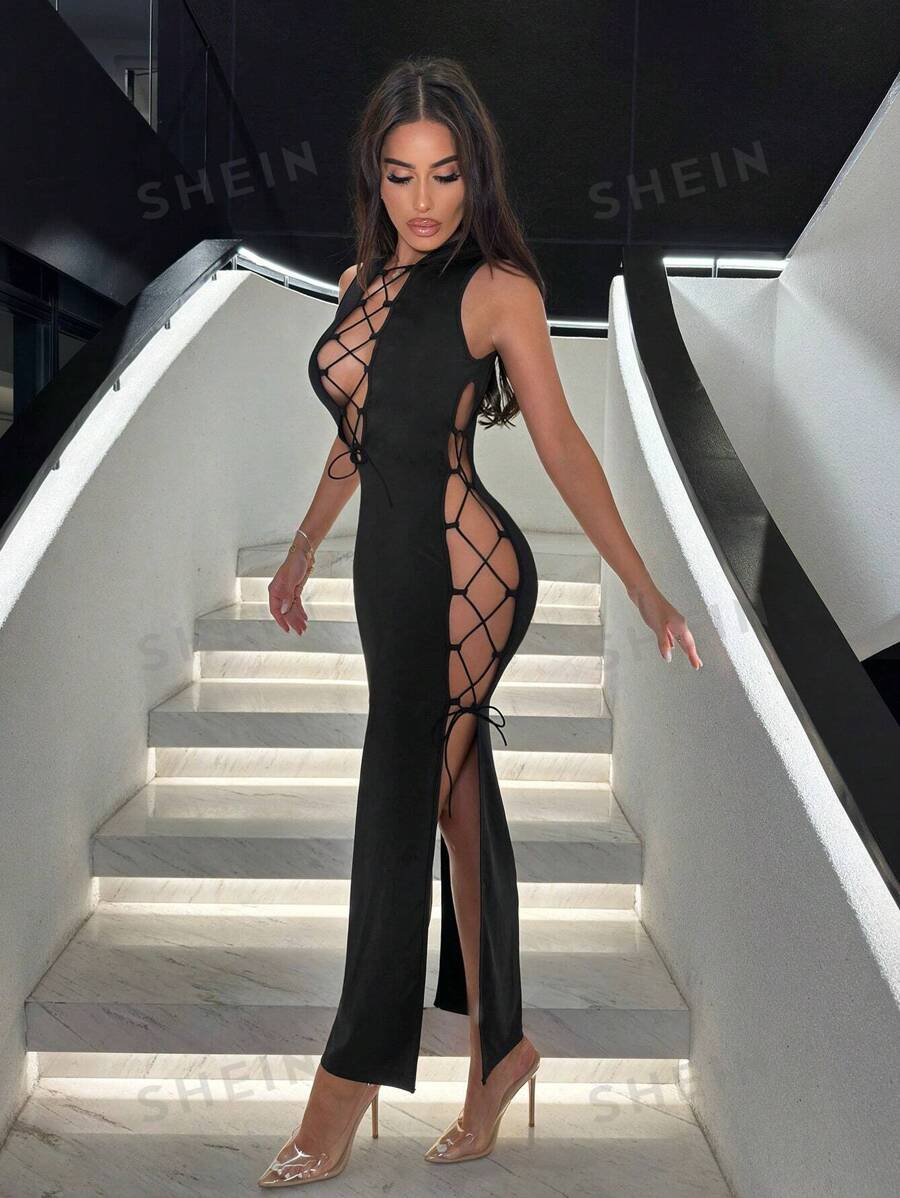 SHEIN SXY Vestido De Mujer Sexy Sin Mangas Con Correas Cruzadas, Diseño Ahuecado, Abertura Alta