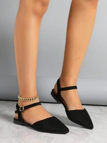 Nuevos zapatos planos de mujer con punta puntiaguda, tacón bajo e imitación de terciopelo en la correa trasera para uso en exteriores - Negro - Ver 7