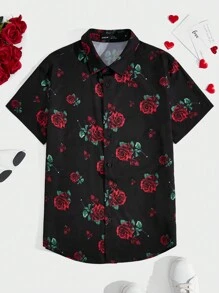 Manfinity Homme Nam Hoa In Ngắn tay Dệt Giải trí Áo sơ mi - màu đen - Xem 1