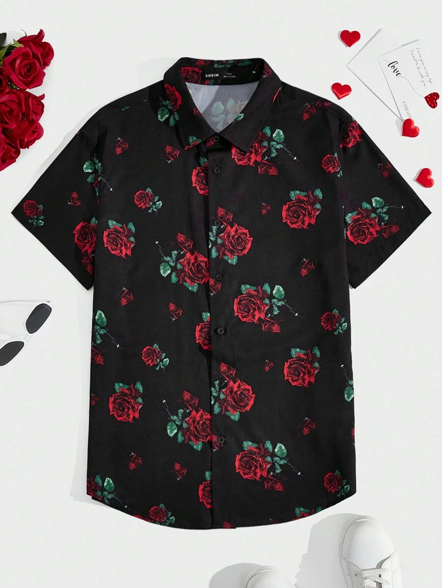 Manfinity Homme Nam Hoa In Ngắn tay Dệt Giải trí Áo sơ mi - màu đen - Xem 1