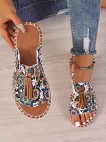 女款流蘇裝飾平底涼鞋,適合海灘和水中穿著,防滑且時尚 - 彩色 - 查看 5