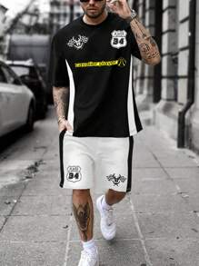 Manfinity LEGND Men's Letter Printed Short Sleeve T-Shirt And Shorts Set - Multicolor - View 3