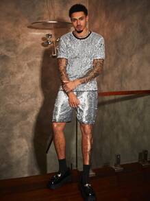 Manfinity VCAY Men's Glitter Contrast Color Round Neck Short Sleeve T-Shirt - Silver - View 3