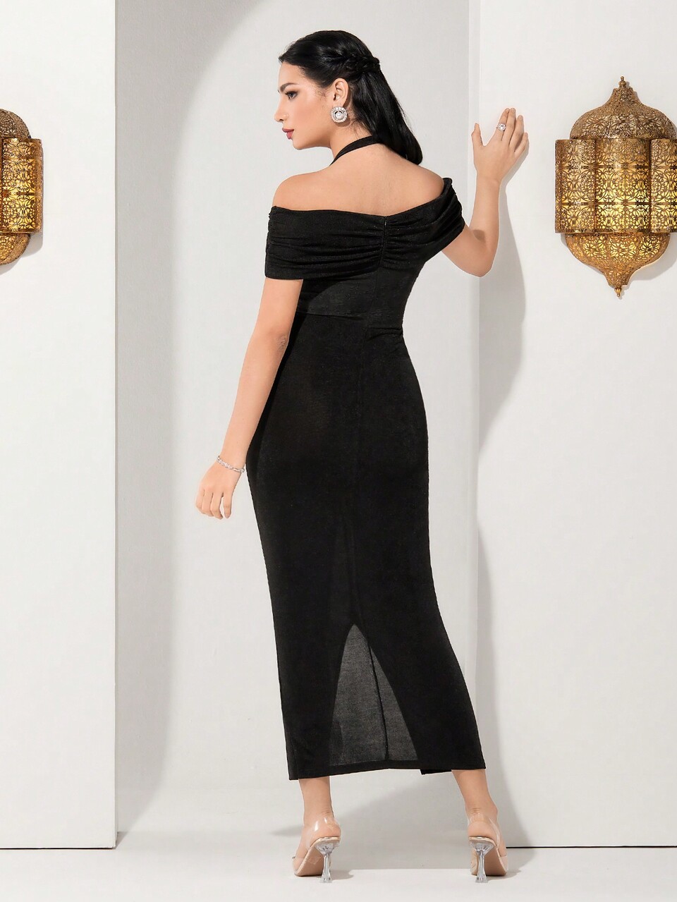 Flower Jacquard Halter Neck Twisted Split Dress Long Evening Dresses