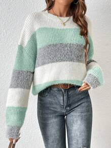 SHEIN Frenchy 女士條紋落肩長袖毛衣套頭 - 薄荷綠 - 查看 5