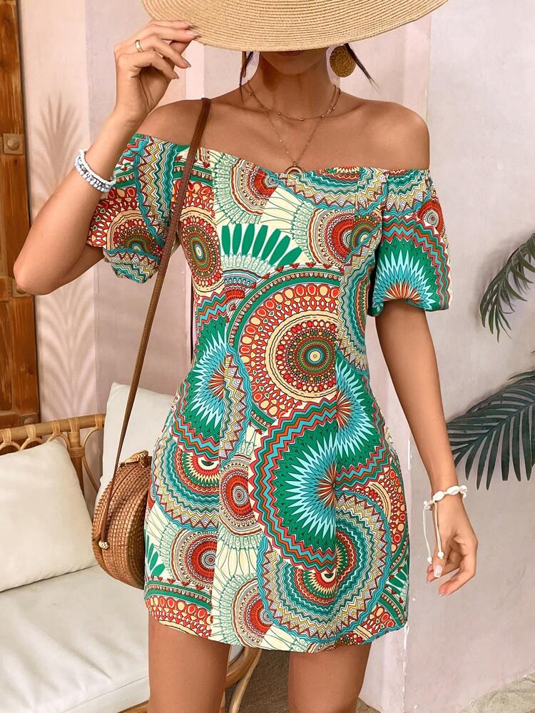 Women's Mandala Print Off Shoulder Dress