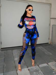 SHEIN SXY Tie Dye In Chi Tiết Cutout Bộ Jumpsuit Skinny Với Thiết Kế Bên Chân Quần Áo Bóng Rổ 
Quần Áo Nữ Xuân Hè Gợi Cảm Unitards - Màu xanh lam - Xem 5