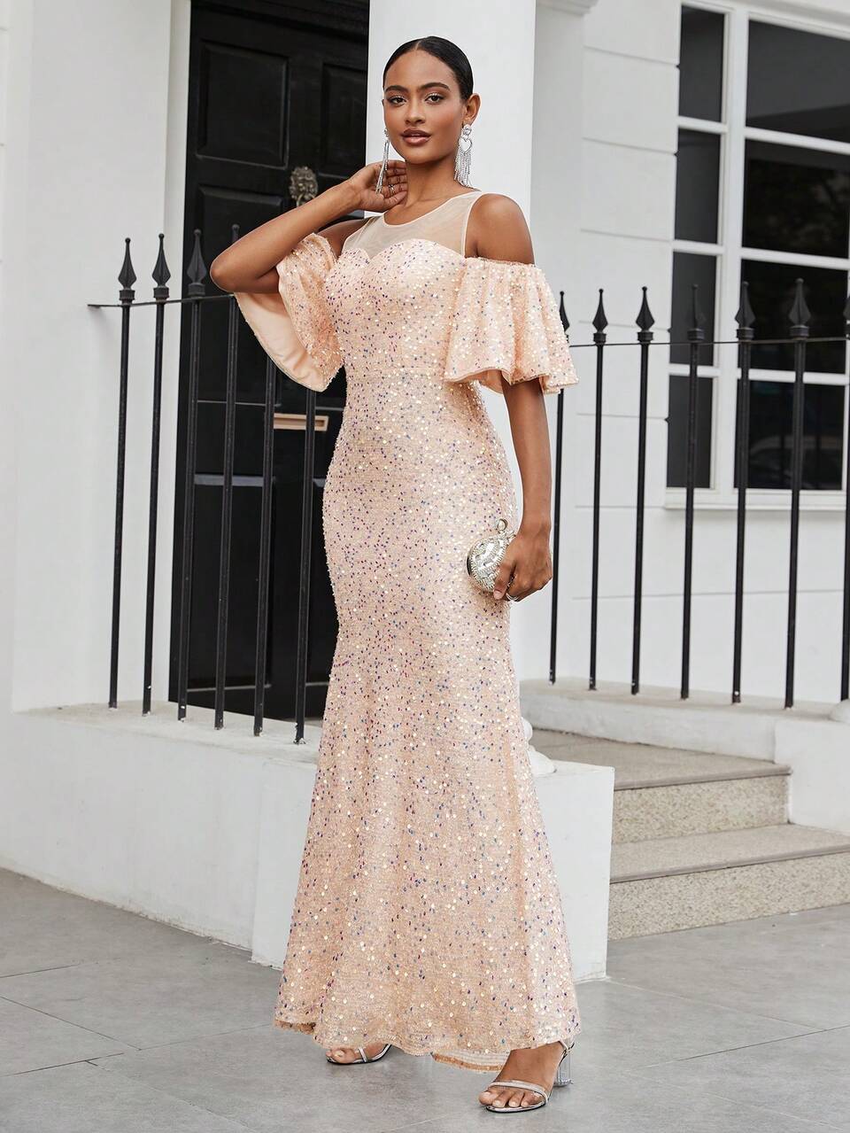 Women's Elegant Contrast Mesh Sequin Cold Shoulder High-Waist Mermaid Evening Dress,Formal Ball Gown For Graduation Prom Party Date Night