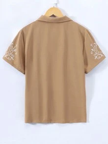 十幾歲男孩的花卉印花短袖立領襯衫 - 棕色 - 查看 2