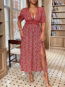 Breezaya 大码女式花卉印花裹腰高开叉短袖连衣裙新年衣服长款女装 - 紅色 - 查看 1