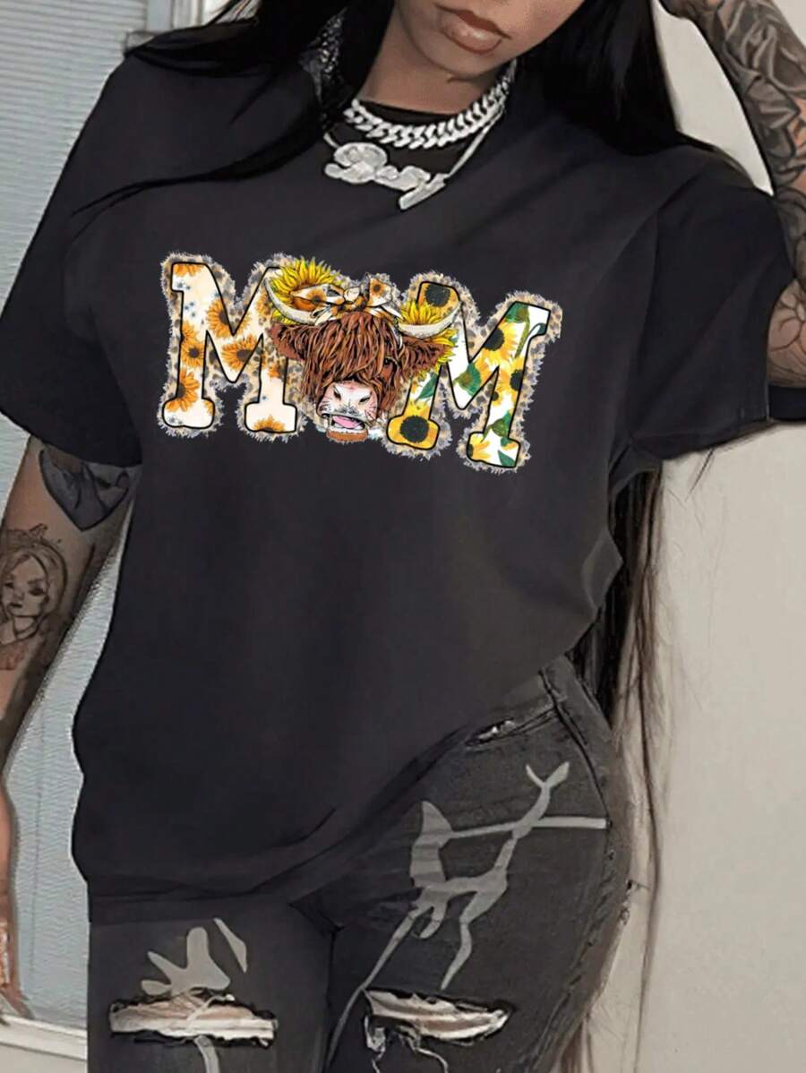 SHEIN Slayr Letter And Bull Head Print Short Sleeve T-Shirt - Black - View 1