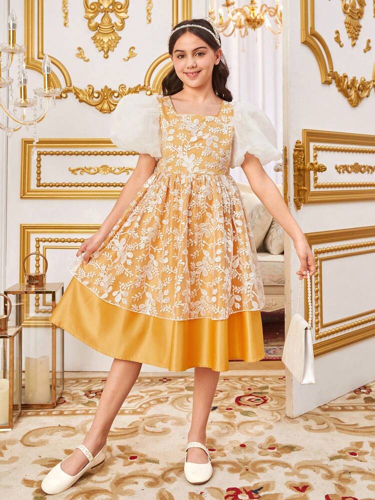 Tween Girls' Fit And Flare Embroidered Tulle Mesh Splice Midi Dress With Puff Sleeves