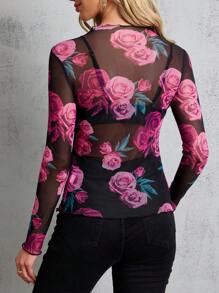 SHEIN Clasi Ladies' Stand Collar Sheer Floral Print Long Sleeve Blouse - Hot Pink - View 2