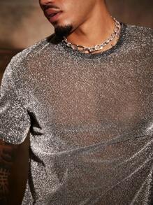 Manfinity VCAY 男士針織休閒閃爍修身短袖t恤 - 灰色 - 查看 5