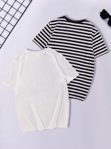 SHEIN Tween Boys' Loose Fit College Style Round Neck Short Sleeve T-Shirts, 2pcs/Set - Multicolor - View 2