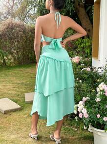 SHEIN Unity Của phụ nữ Màu thuần Không lưng Áo hai dây Và Bộ váy - màu xanh lá - Xem 2