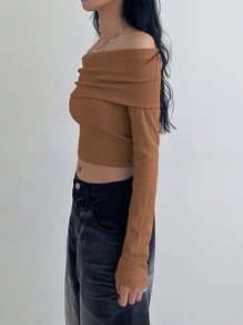 DAZY 纯色露肩罗纹长袖修身T恤短款女式上衣 - 橘色 - 查看 3