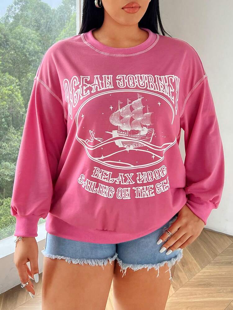 Women's Plus Size Drop Shoulder Long Sleeve Sweatshirt With Slogan Print Pullover Fall