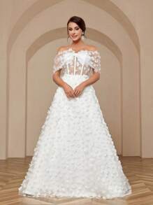 SHEIN Belle Women's Elegant Romantic Wedding Dress With Applique Bowknot Three-Dimensional Flower Color Block Design Puffy Dress And Off Shoulder