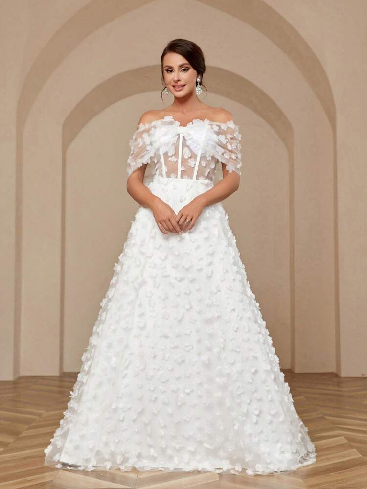 Women's Elegant Romantic Wedding Dress With Applique Bowknot Three-Dimensional Flower Color Block Design Puffy Dress And Off Shoulder