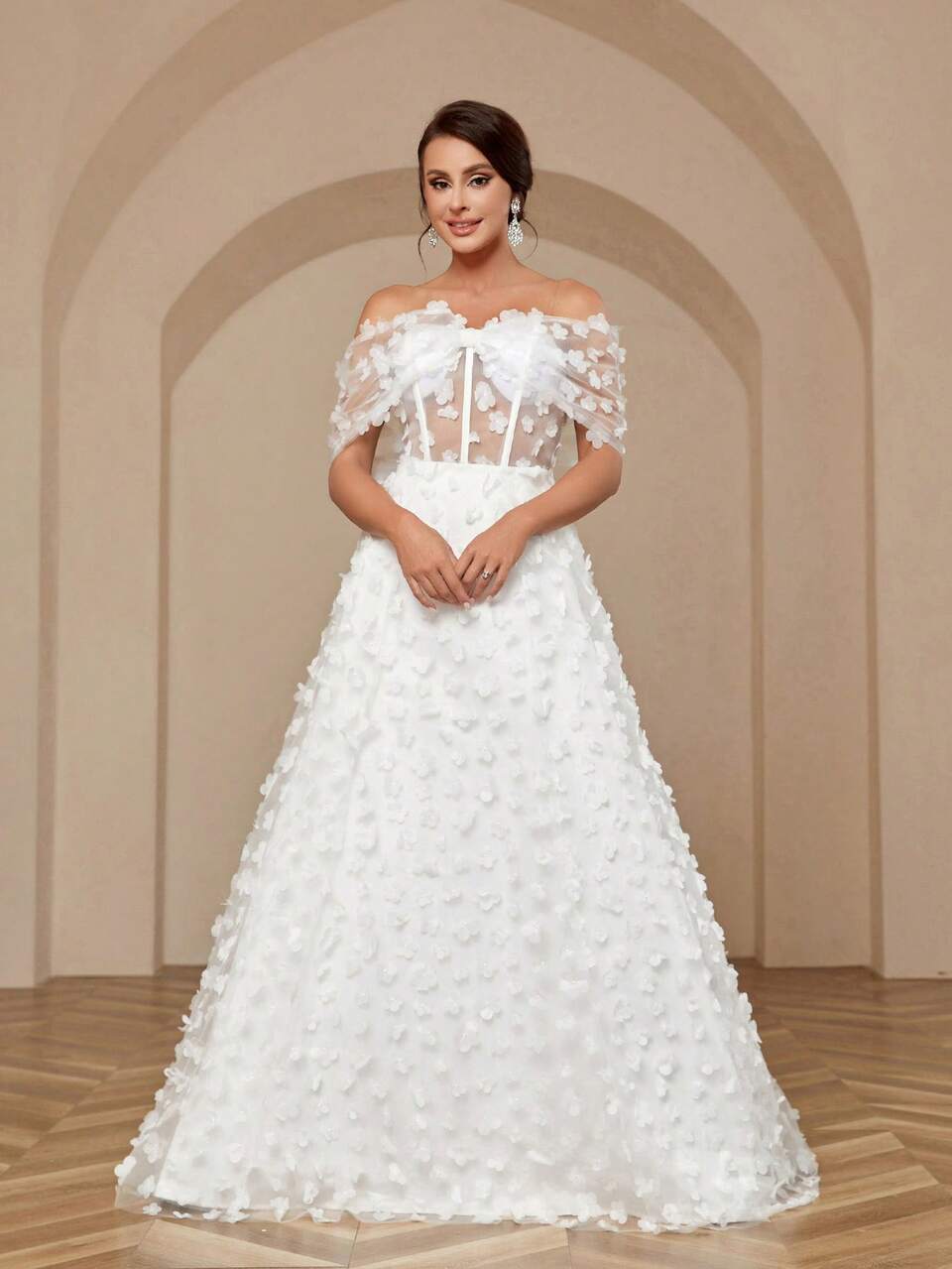 Women's Elegant Romantic Wedding Dress With Applique Bowknot Three-Dimensional Flower Color Block Design Puffy Dress And Off Shoulder