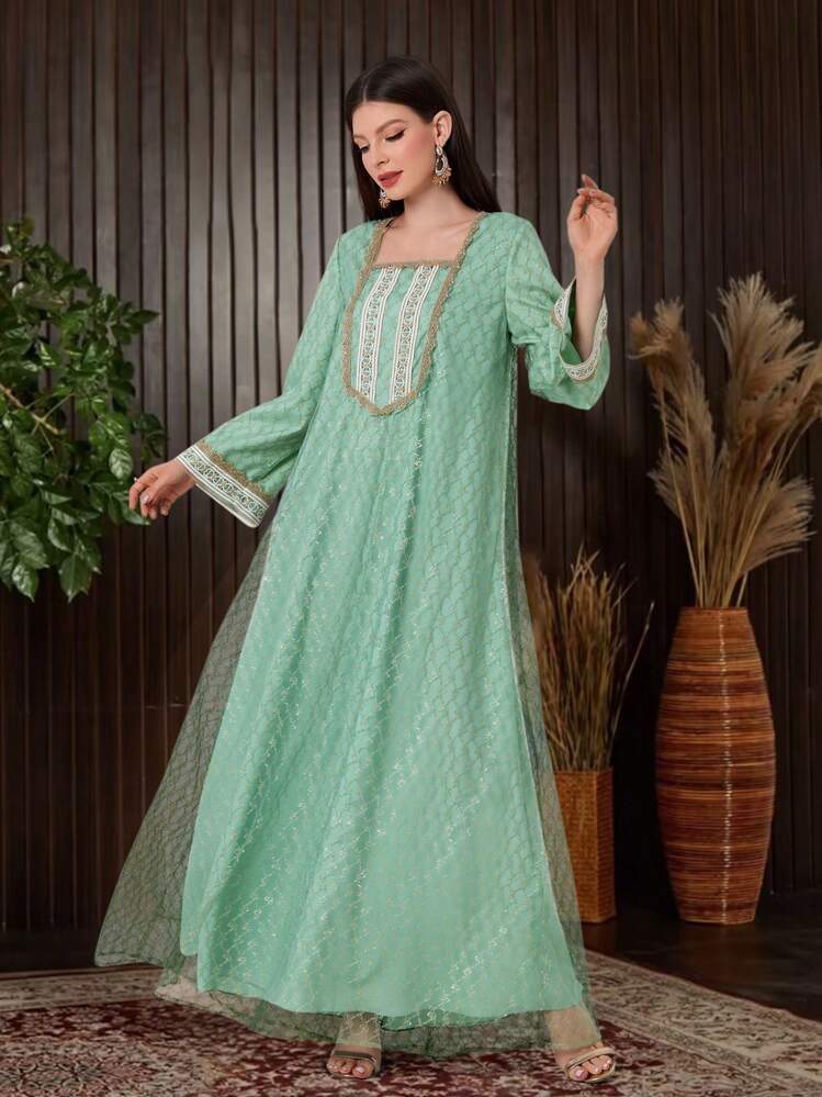 Women's Loose Geometric Weave Belted Dress - Mint Green - View 3