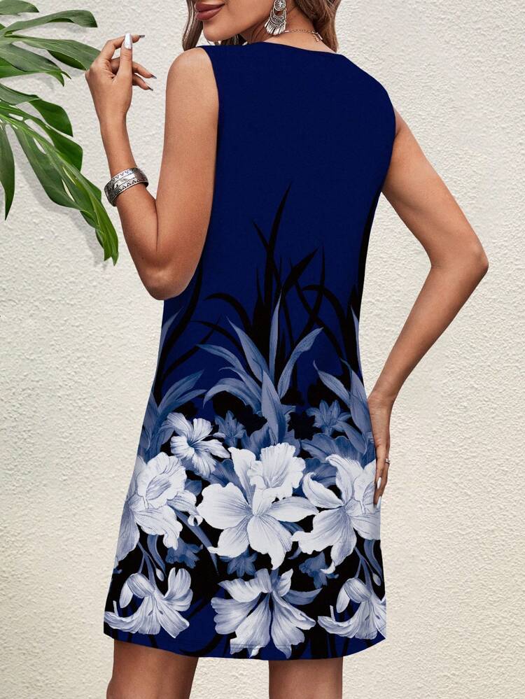 Holiday Floral Printed Sleeveless Round Neck Knee-Length Bodycon Dress For Women