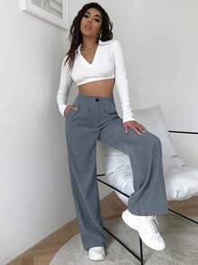 EURMUSE High-waisted Trousers With Diagonal Pockets - Grey - View 3