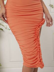 L'Amorae Frill Split Thigh Ruched Cami Dress - Orange - View 5