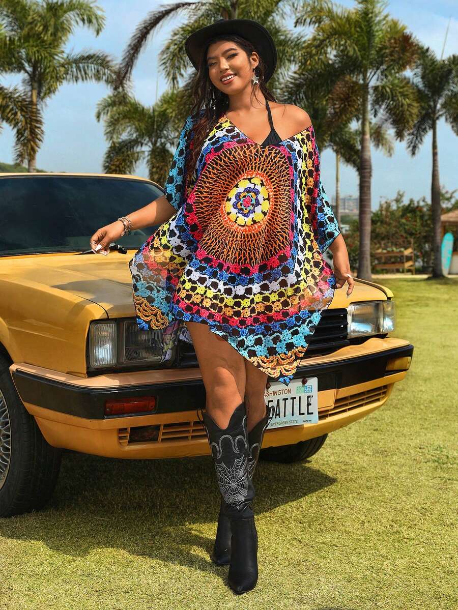 SHEIN Swim Vcay Plus Size Printed Crochet Loose Fit Cover Up With V