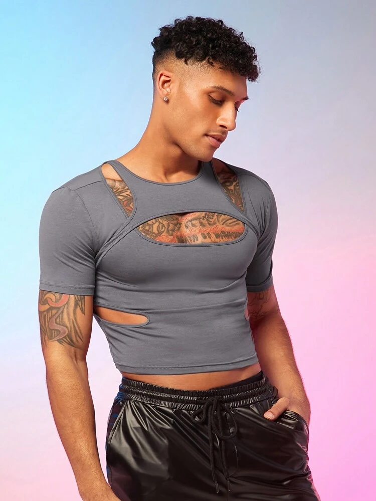 Solid Color Hollow Out Short Sleeve Knit T-Shirt