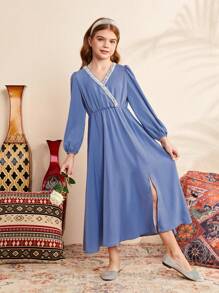 SHEIN Vestido Elegante Com Decote Em V Solto E Cinto De Tecido Para Meninas Adolescentes - Azul - Ver 6